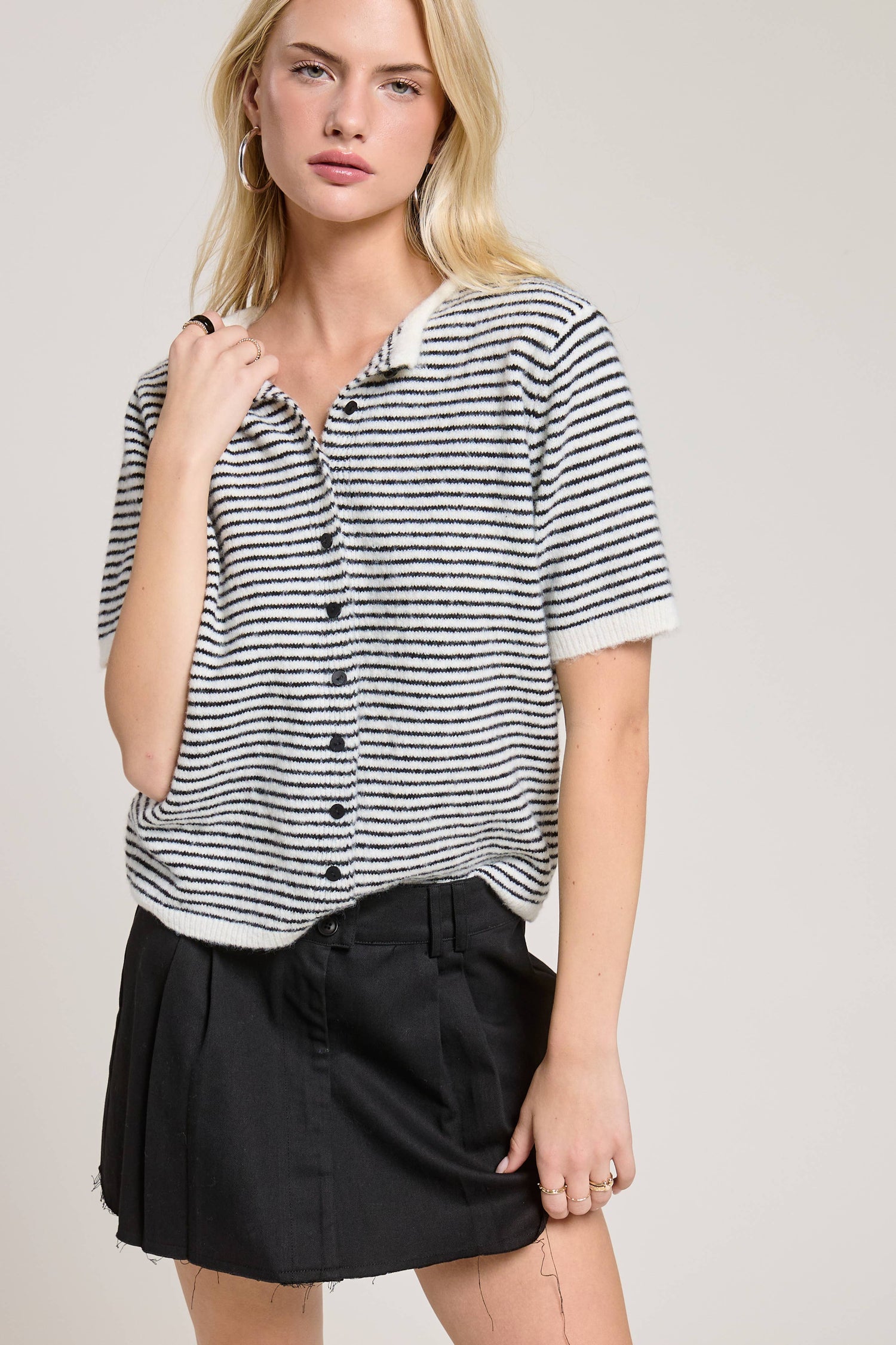 Striped Short Sleeve Button Cardigan