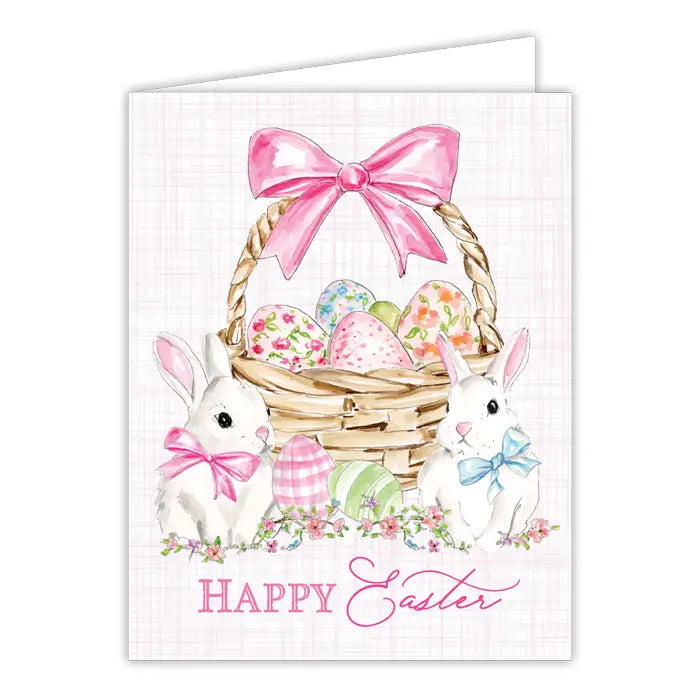 Happy Easter Pink Bunnies Basket with Pink Bow Greeting Card