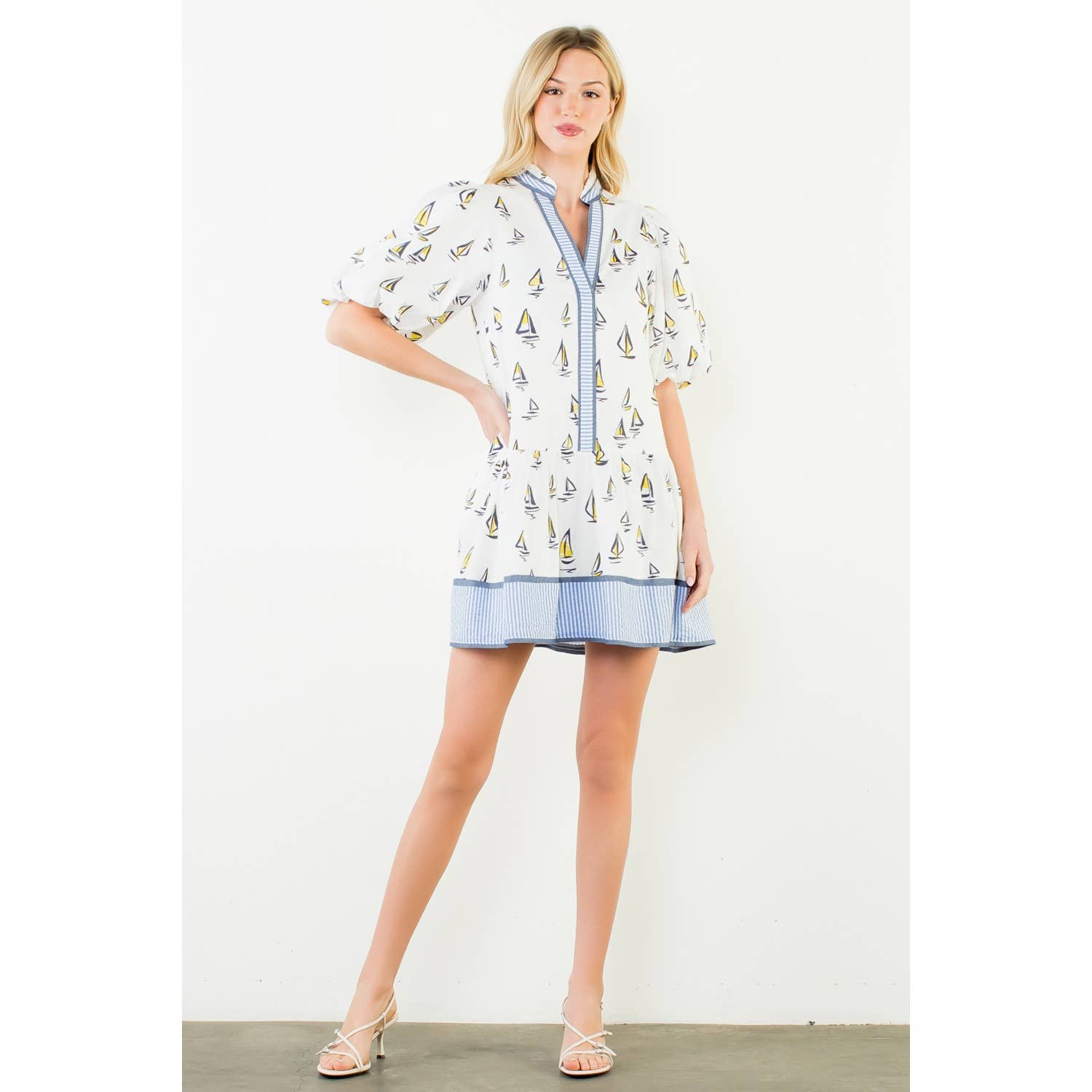 Puff Sleeve Sailboat Pattern Dress