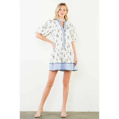Puff Sleeve Sailboat Pattern Dress
