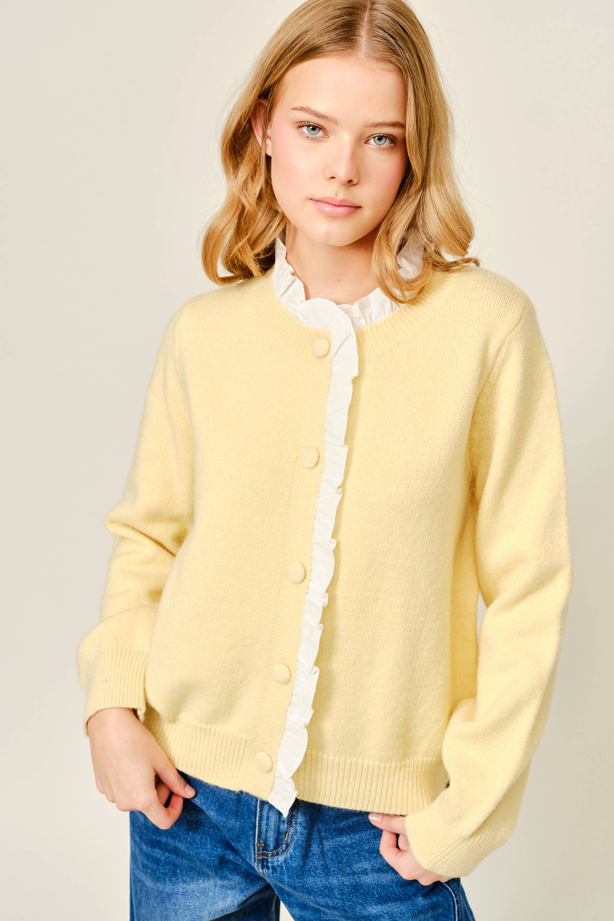 Contrast Ruffle Trim Knit Cardigan
