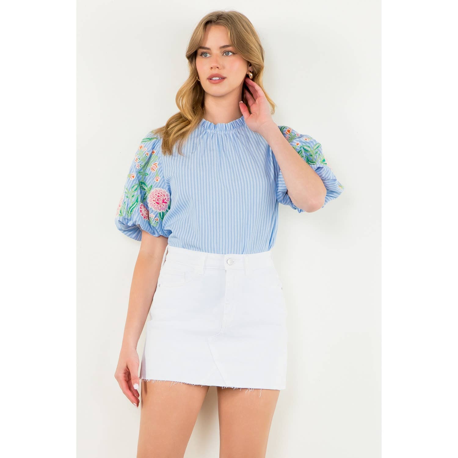 Embroidered Puff Sleeve Striped Top