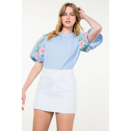 Embroidered Puff Sleeve Striped Top