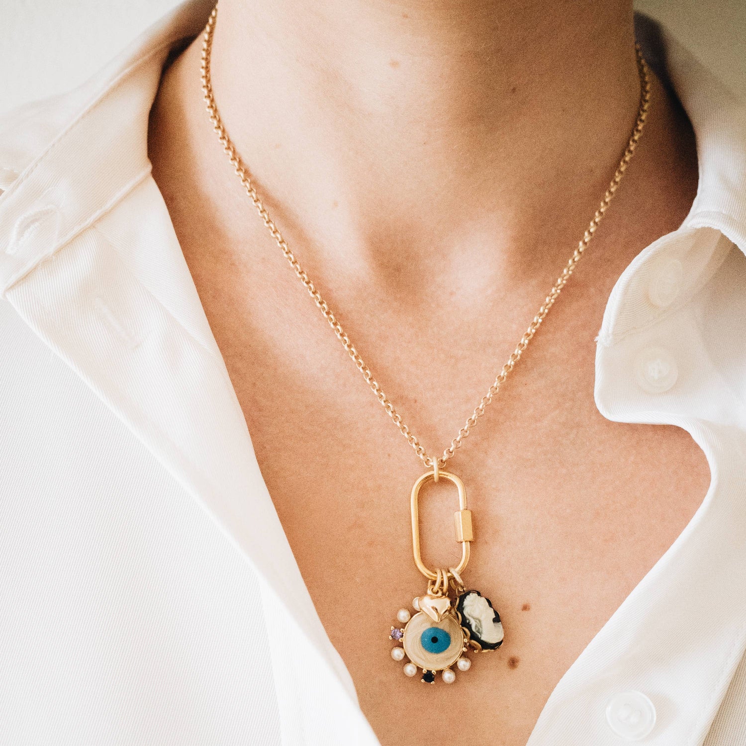 Evil Eye &amp; Cameo Charm Necklace with Gold Carabiner