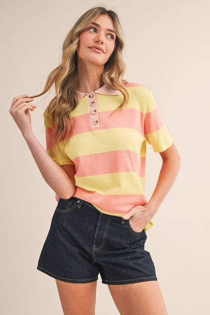Striped Sweater Knit Short Sleeve Polo
