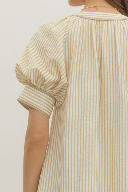 Oatmeal Striped Midi Dress with Floral Embroidery