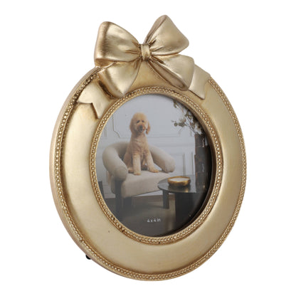 Round Gold Photo Frame with Bow Ribbon Detail - 4x4 Inch