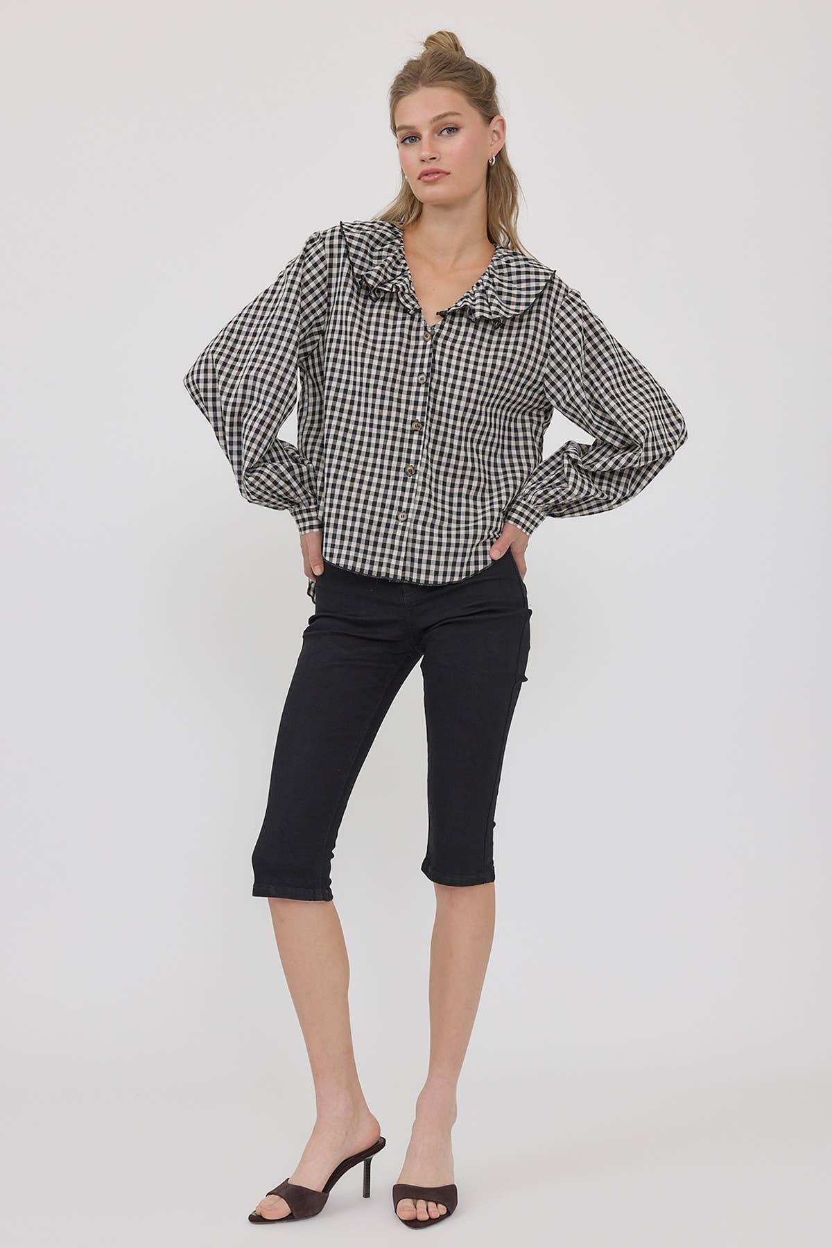 Gingham Ruffle Collar Button-Up Blouse