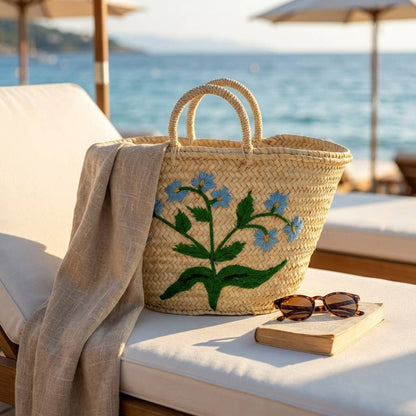 Woven Straw Market Basket Tote - Embroidered Blue Floral