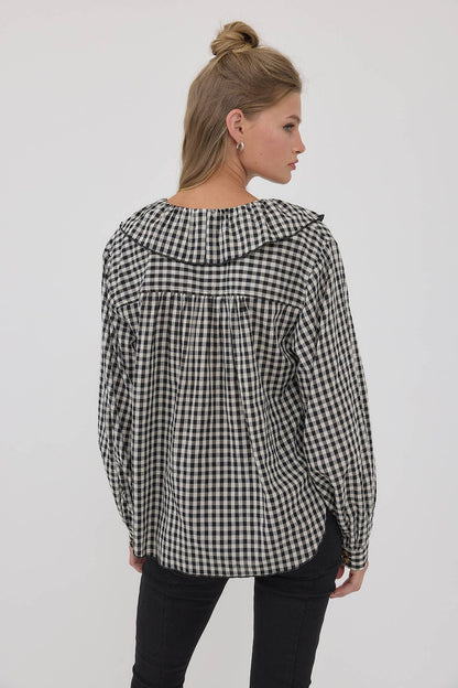 Gingham Ruffle Collar Button-Up Blouse
