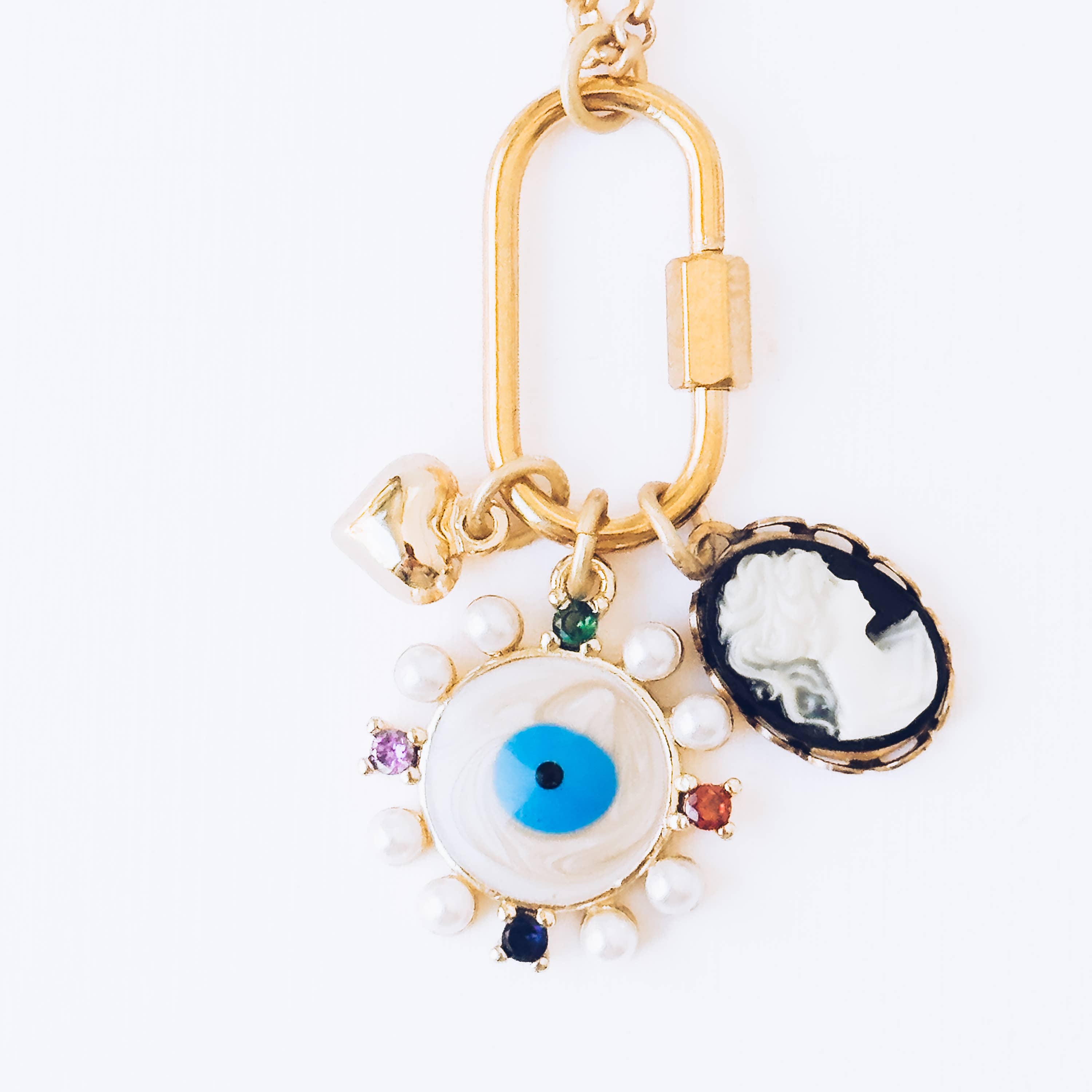 Evil Eye &amp; Cameo Charm Necklace with Gold Carabiner