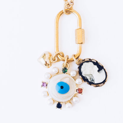 Evil Eye &amp; Cameo Charm Necklace with Gold Carabiner