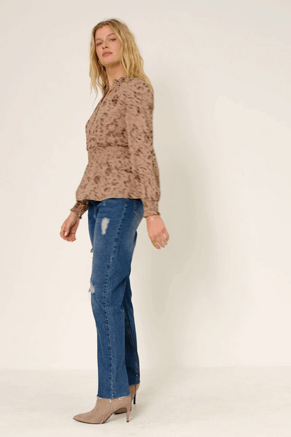Womens Animal Print Smocked Collar Top