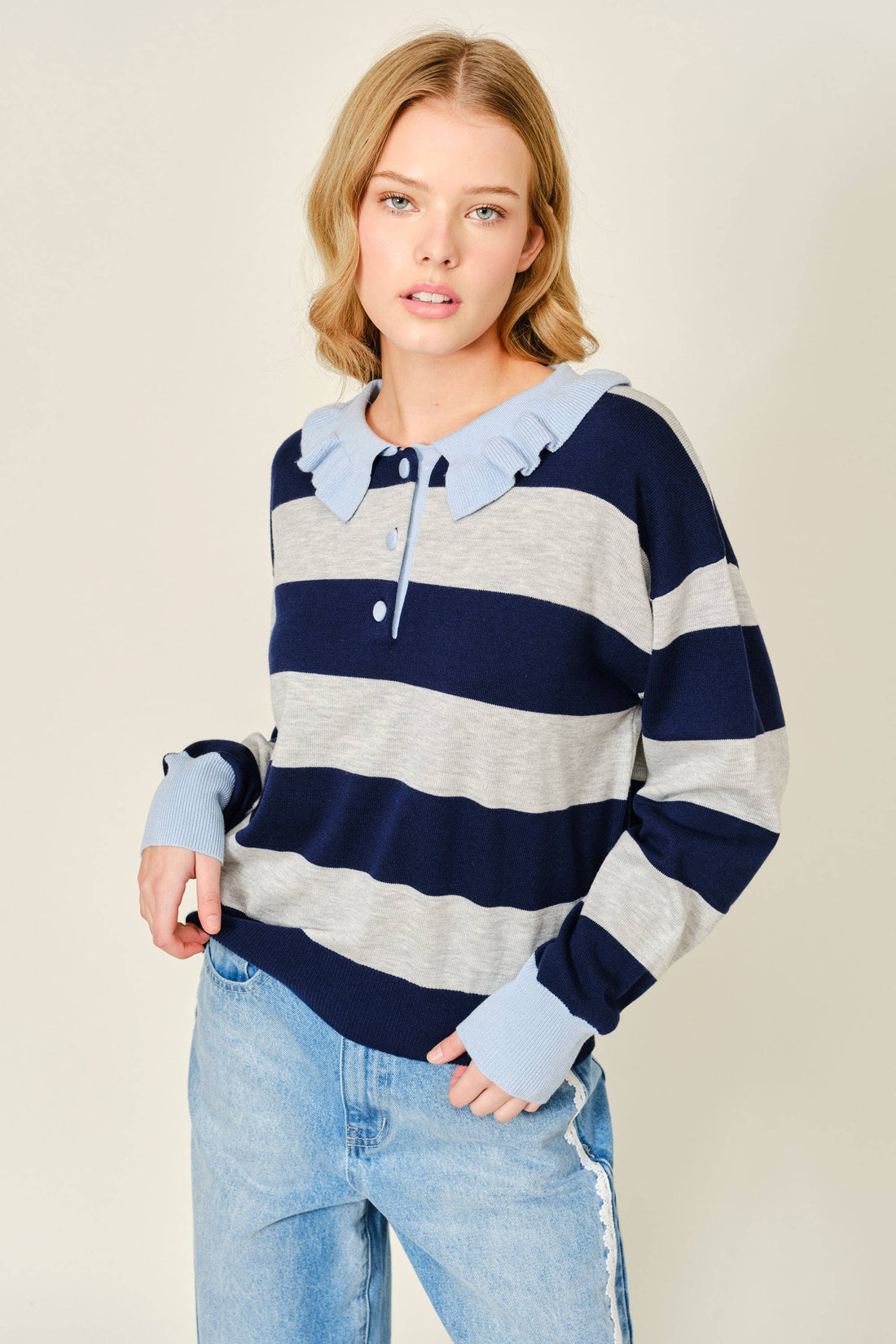 Striped Ruffle Collar Polo Style Sweater
