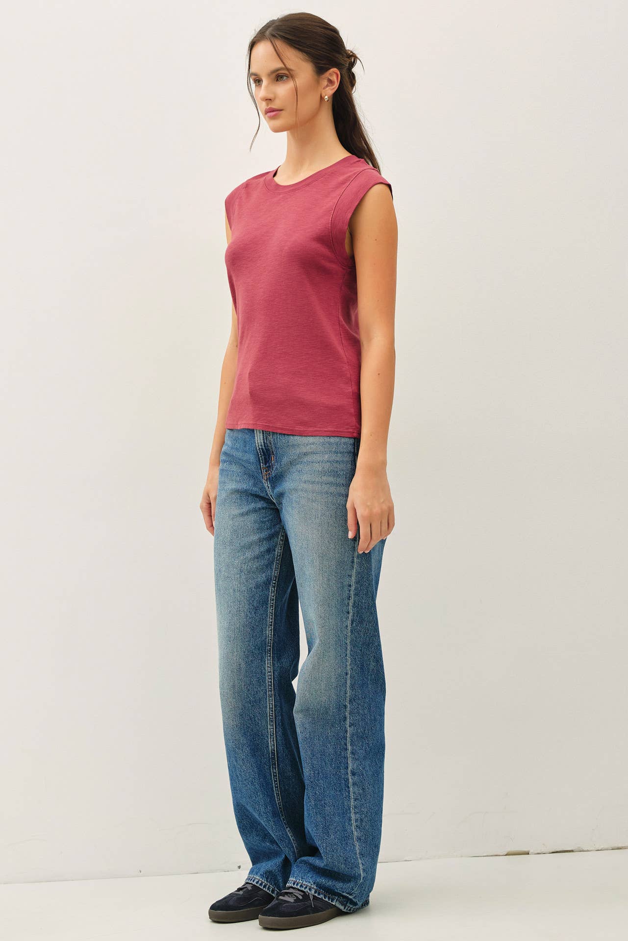 Basic Solid Cotton Crew Neck Cap Sleeve Tank Top