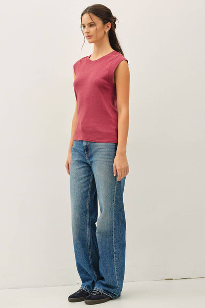 Basic Solid Cotton Crew Neck Cap Sleeve Tank Top
