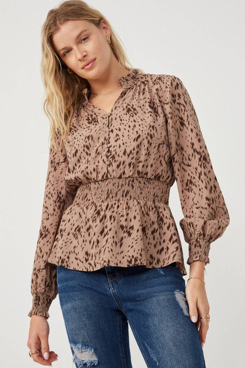 Womens Animal Print Smocked Collar Top