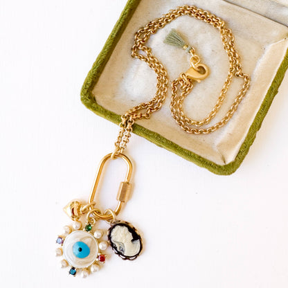 Evil Eye &amp; Cameo Charm Necklace with Gold Carabiner