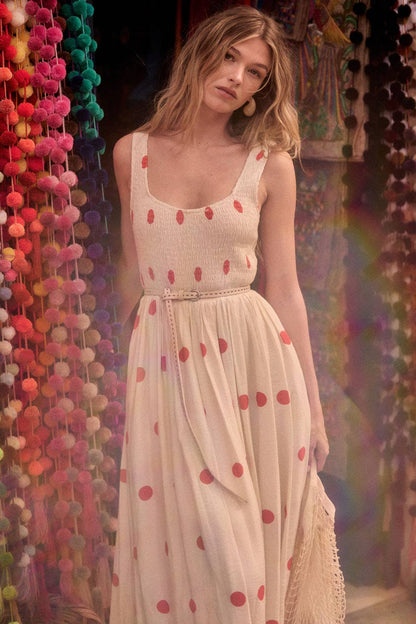 Polka Dot-Print Smocked Sleeveless Pocket Maxi Dress