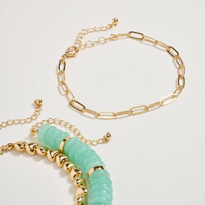 Gold Heart Charm Beaded Bracelet Set