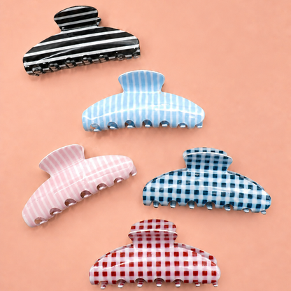 Jumbo Stripe Plaid Oval Hair Claw Clips