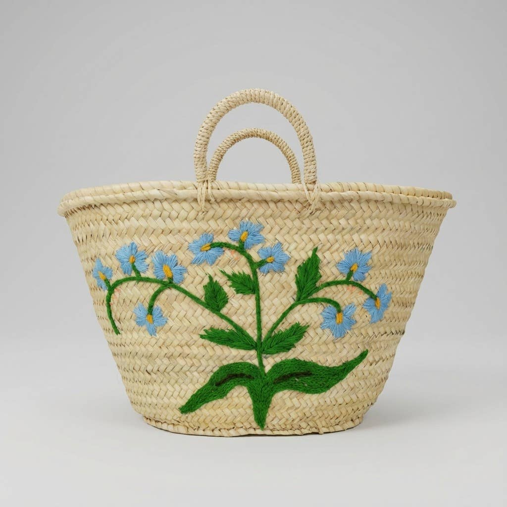 Woven Straw Market Basket Tote - Embroidered Blue Floral