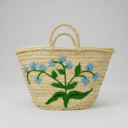 Woven Straw Market Basket Tote - Embroidered Blue Floral