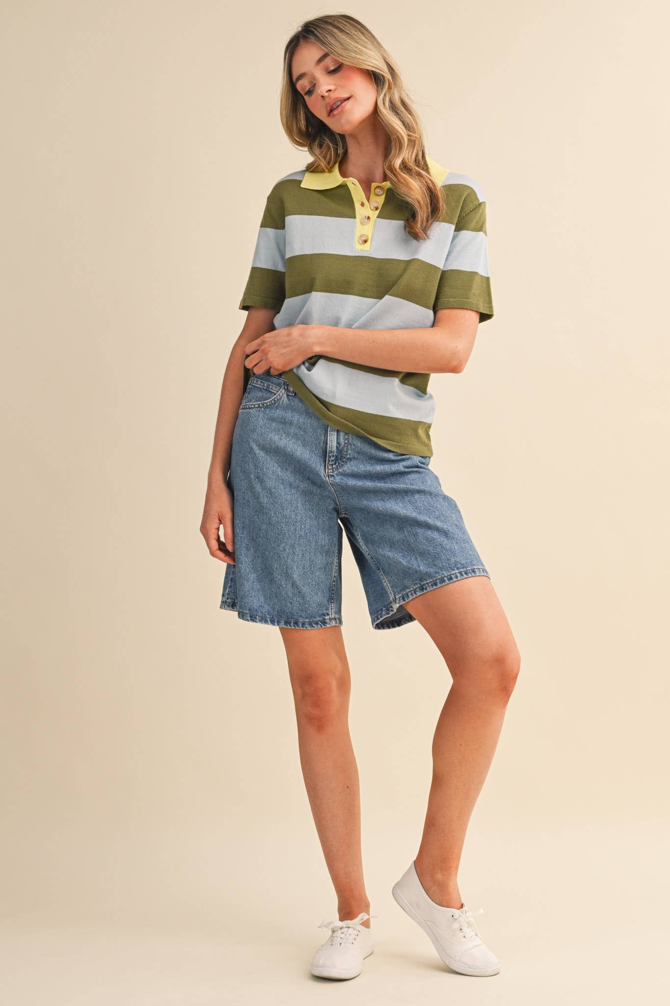 Striped Sweater Knit Short Sleeve Polo
