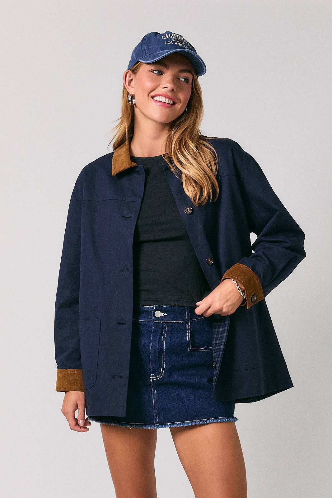 Twill &amp; Plaid Reversible Corduroy Collar Barn Jacket