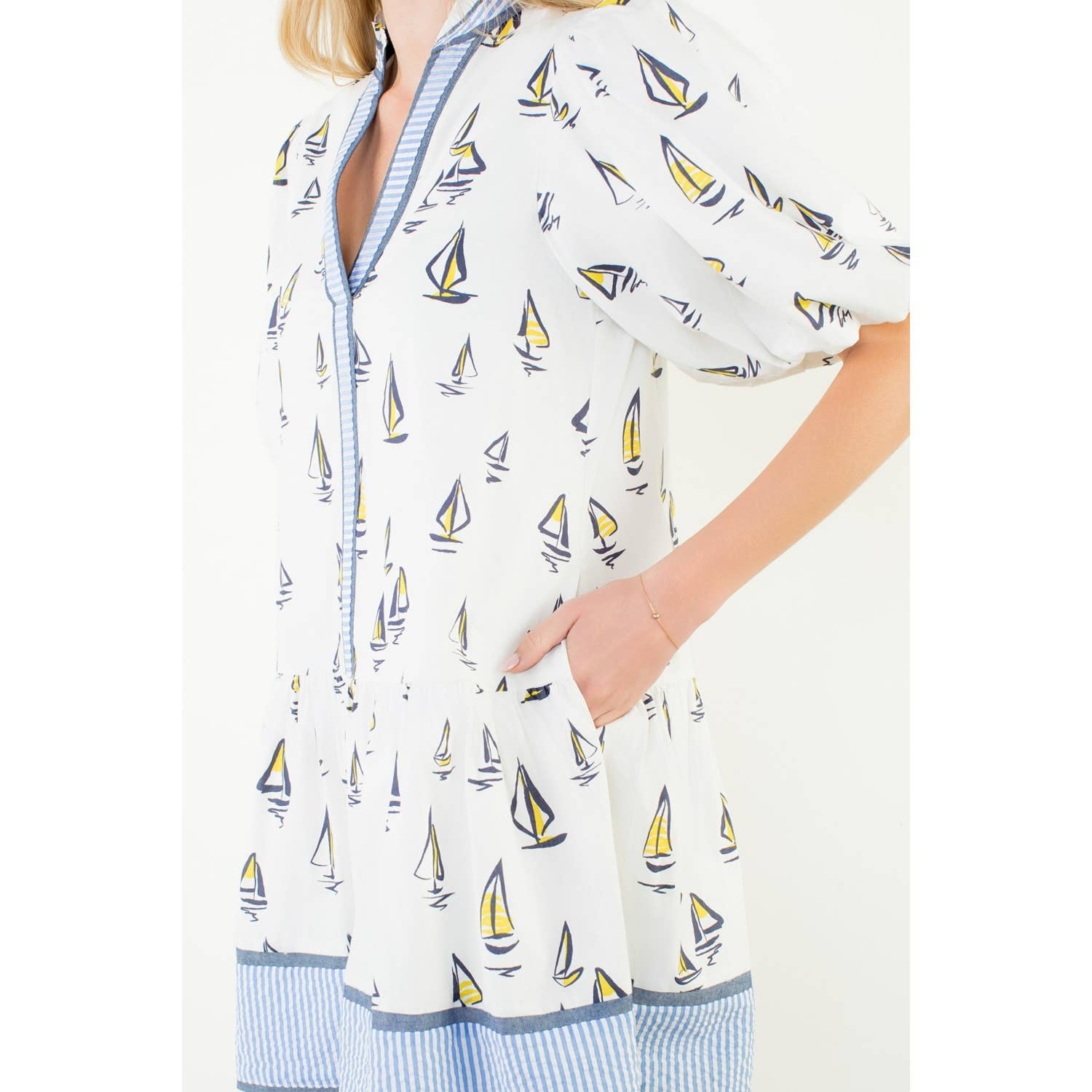 Puff Sleeve Sailboat Pattern Dress