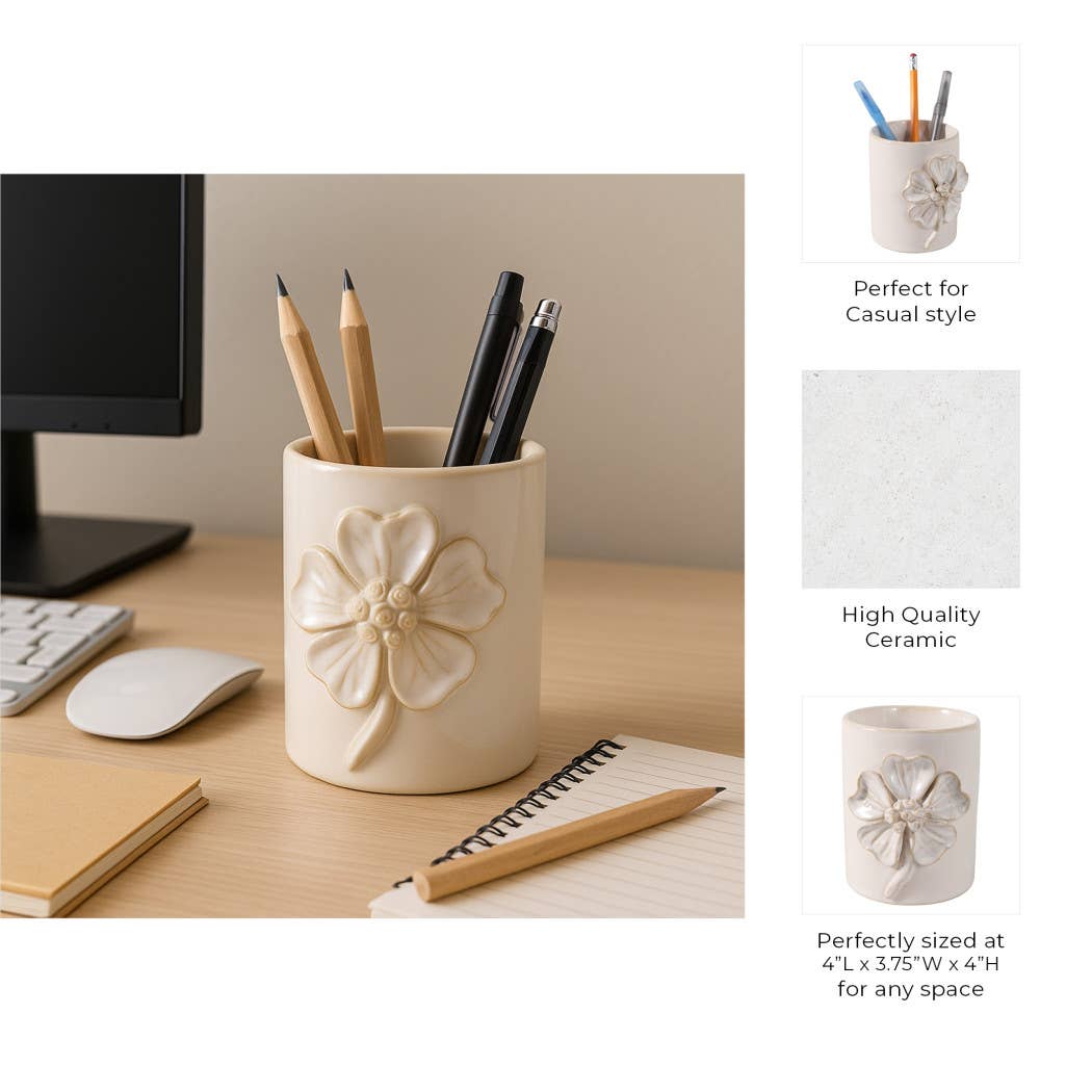 Ivory Ceramic Flower Applique Pencil Cup