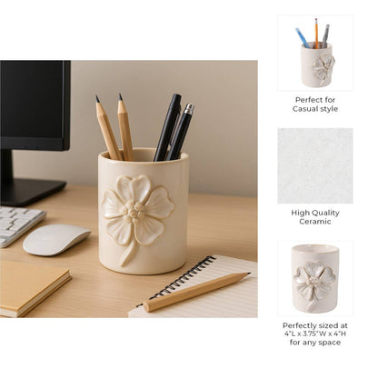 Ivory Ceramic Flower Applique Pencil Cup