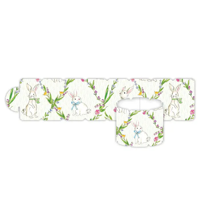 Handpainted Bunnies in Greenery Trellis Napkin Ring