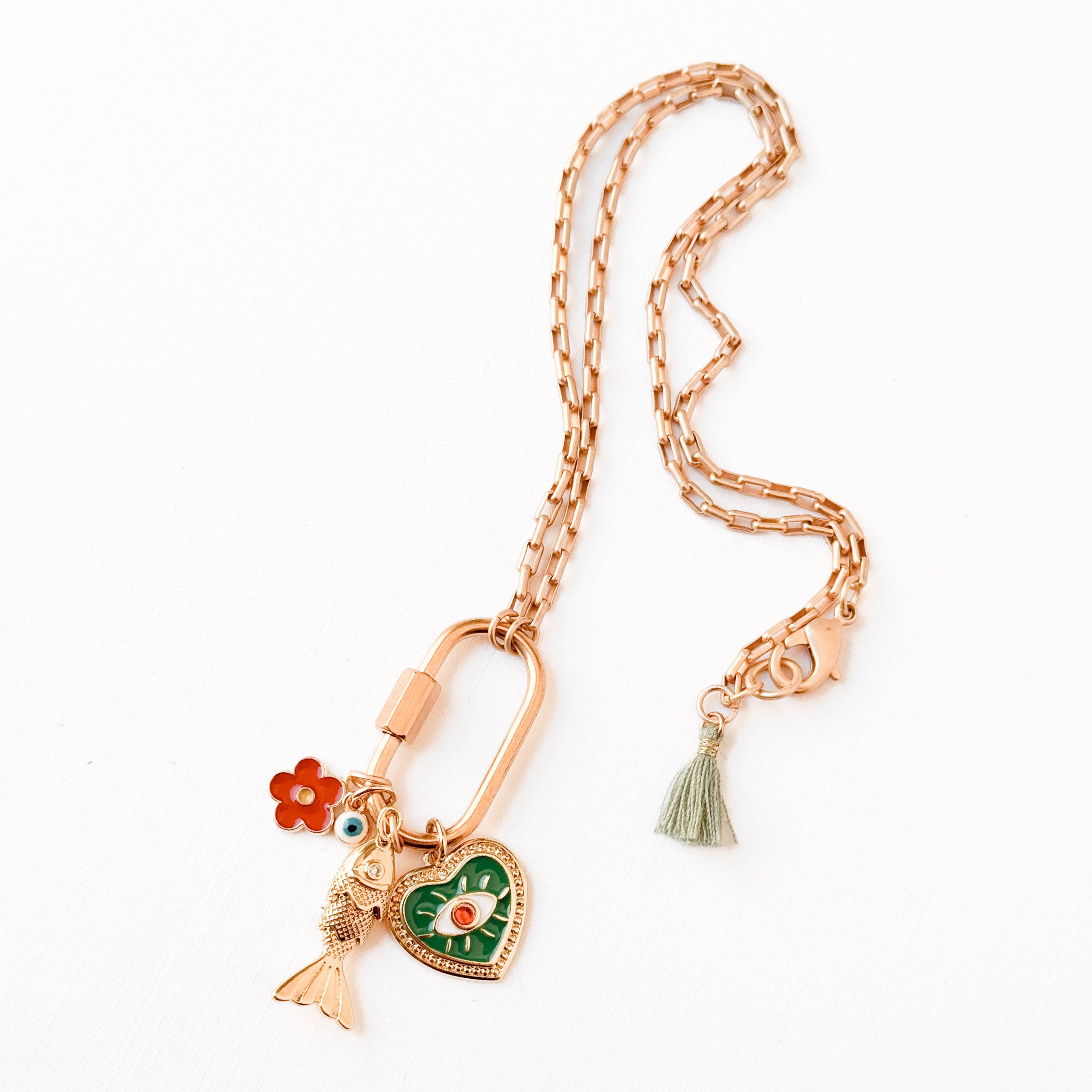 Small Gold Carabiner Charm Necklace with Fish &amp; Green Heart Charms