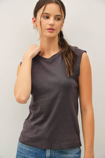 Basic Solid Cotton Crew Neck Cap Sleeve Tank Top