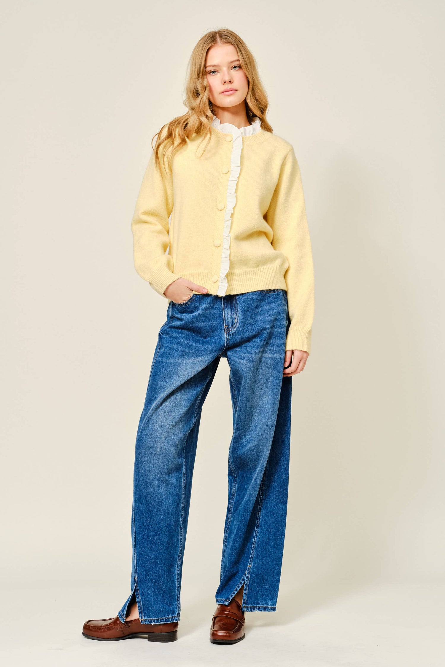 Contrast Ruffle Trim Knit Cardigan