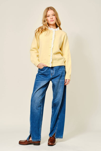 Contrast Ruffle Trim Knit Cardigan