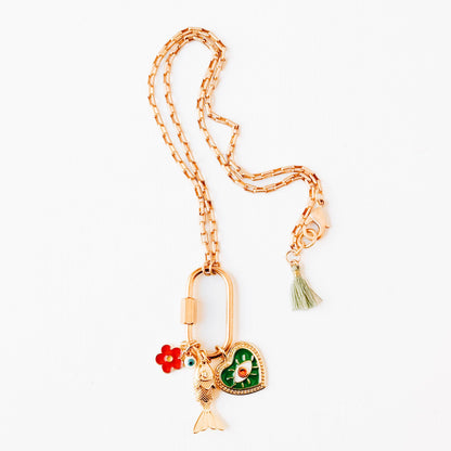 Small Gold Carabiner Charm Necklace with Fish &amp; Green Heart Charms