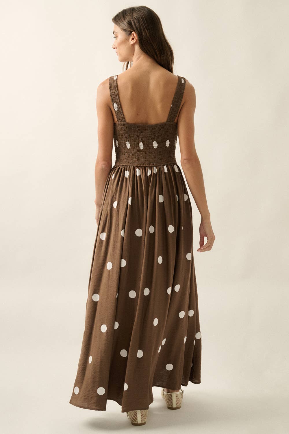 Polka Dot-Print Smocked Sleeveless Pocket Maxi Dress