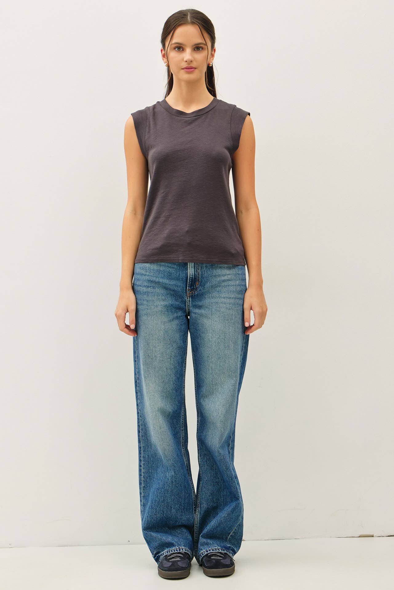 Basic Solid Cotton Crew Neck Cap Sleeve Tank Top