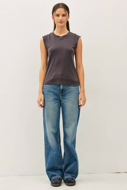 Basic Solid Cotton Crew Neck Cap Sleeve Tank Top