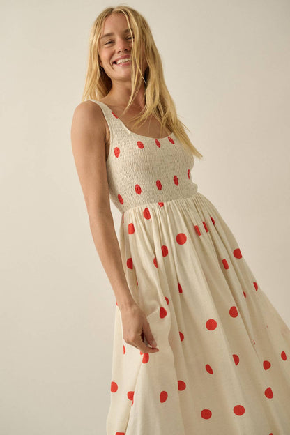 Polka Dot-Print Smocked Sleeveless Pocket Maxi Dress