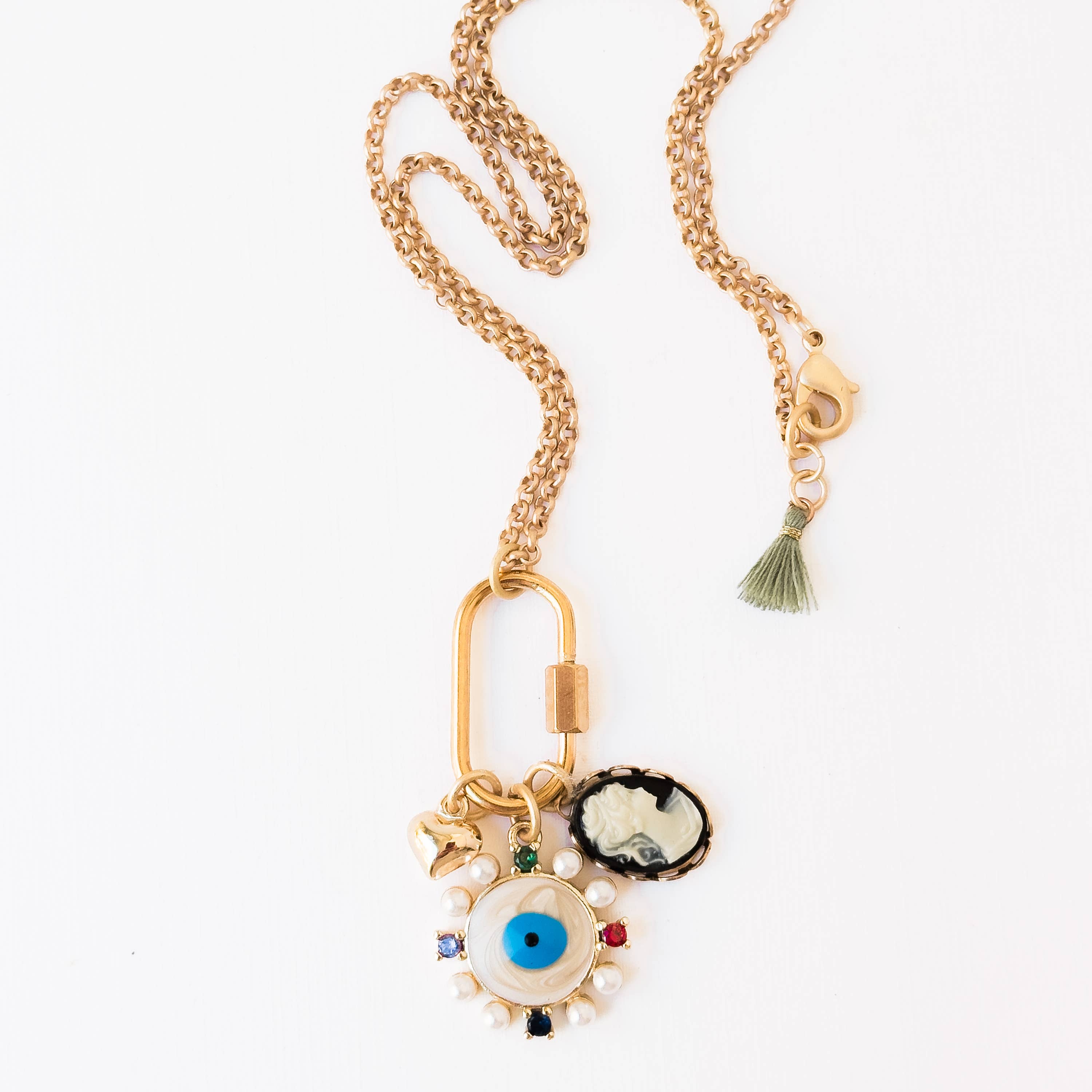 Evil Eye &amp; Cameo Charm Necklace with Gold Carabiner