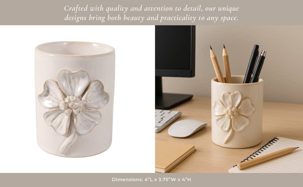 Ivory Ceramic Flower Applique Pencil Cup