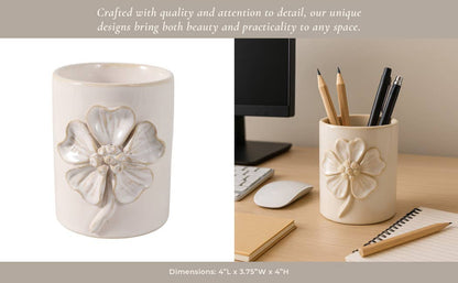 Ivory Ceramic Flower Applique Pencil Cup