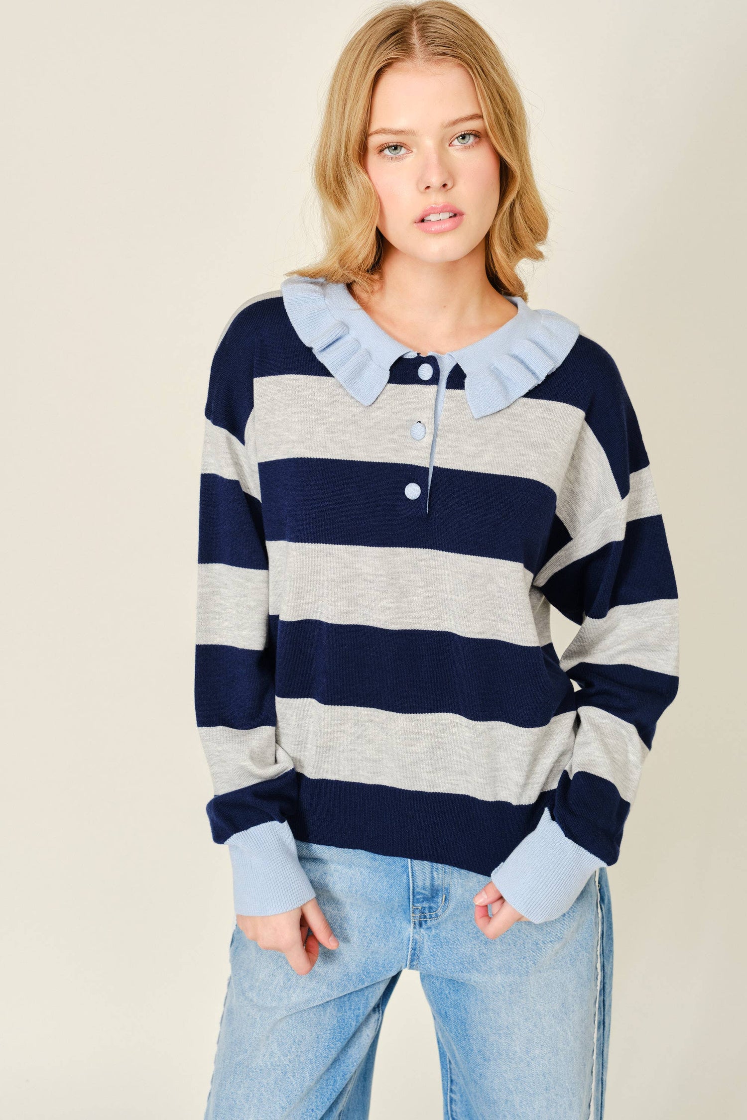 Striped Ruffle Collar Polo Style Sweater