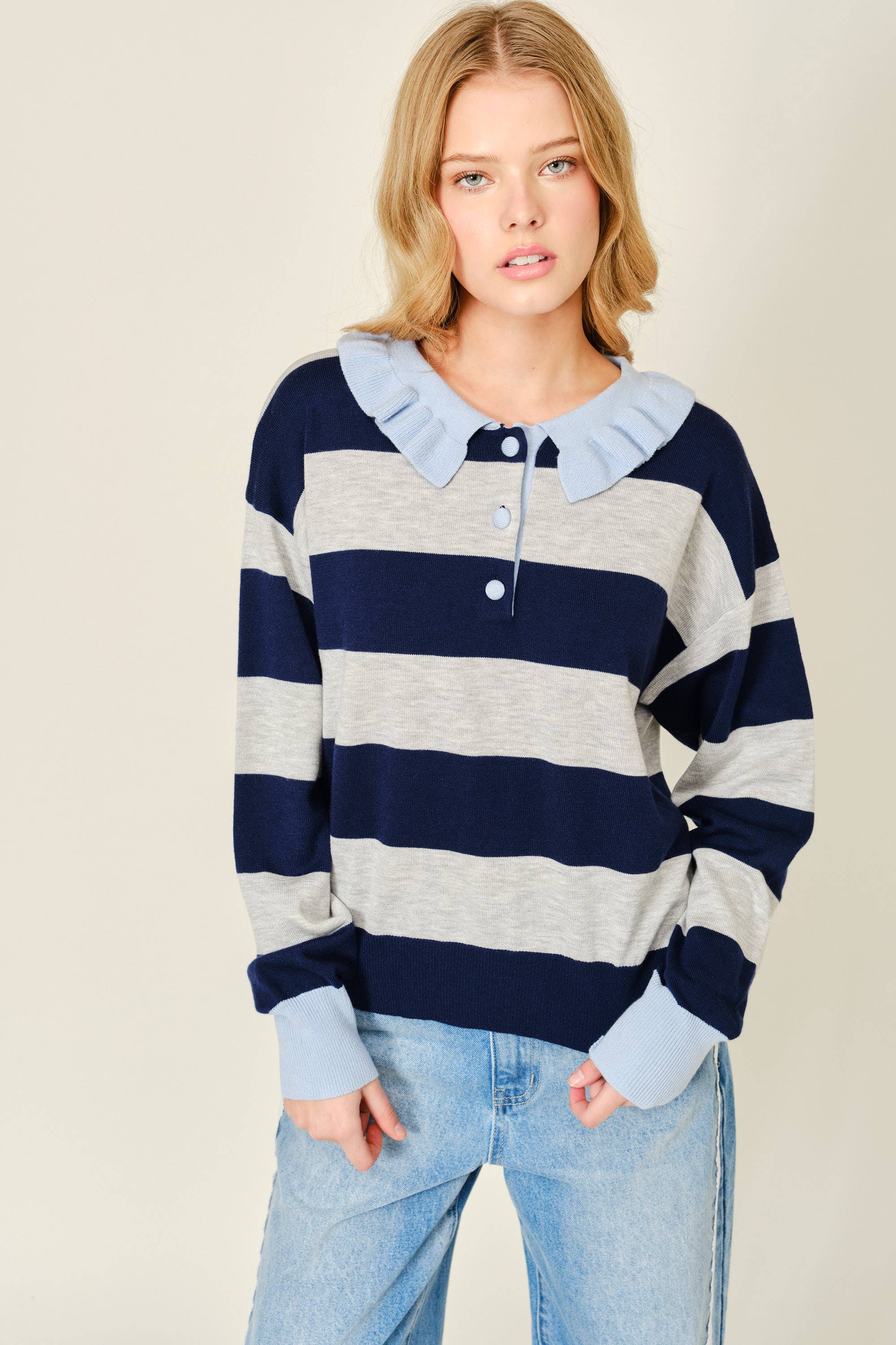 Striped Ruffle Collar Polo Style Sweater