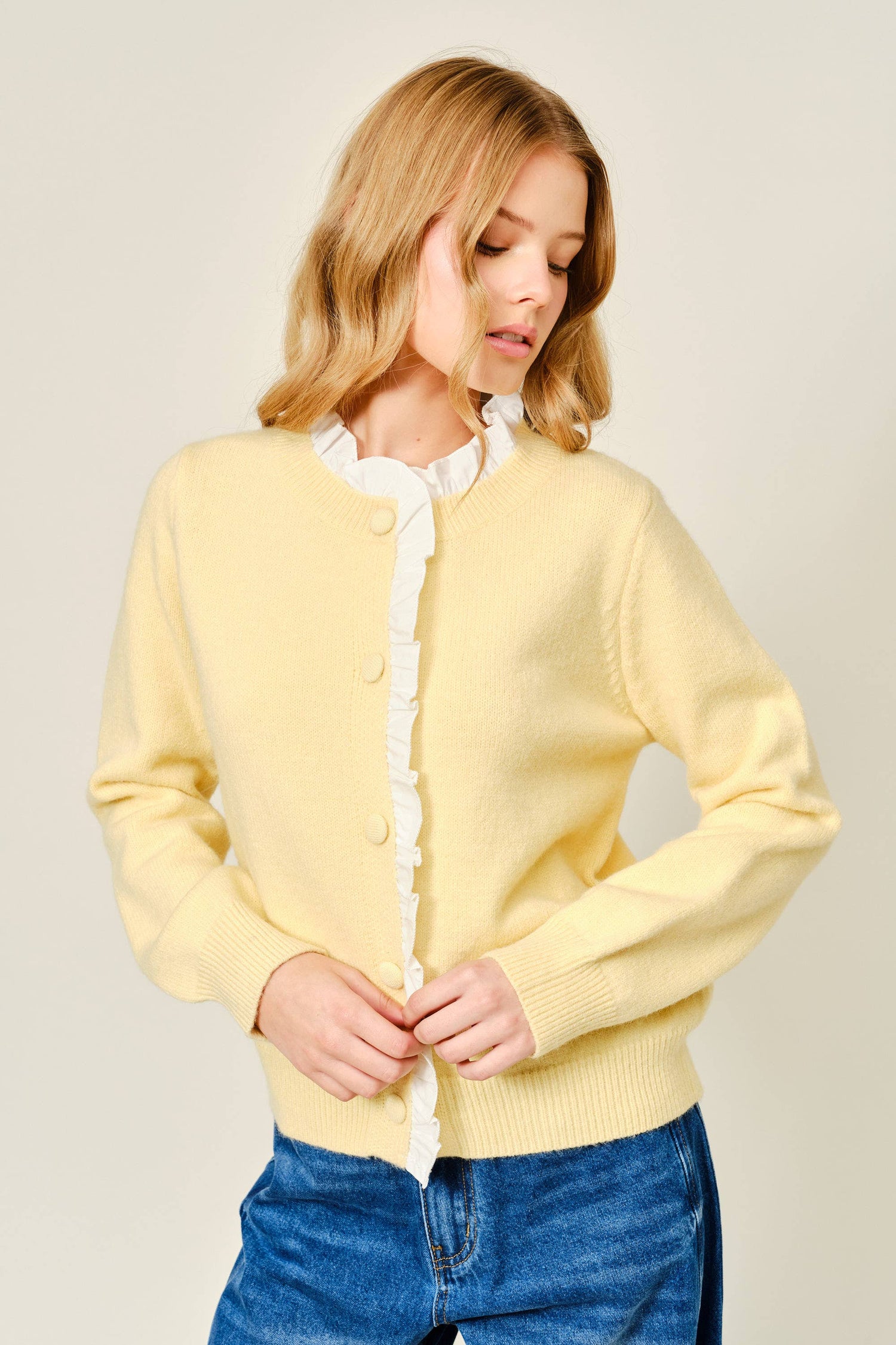 Contrast Ruffle Trim Knit Cardigan