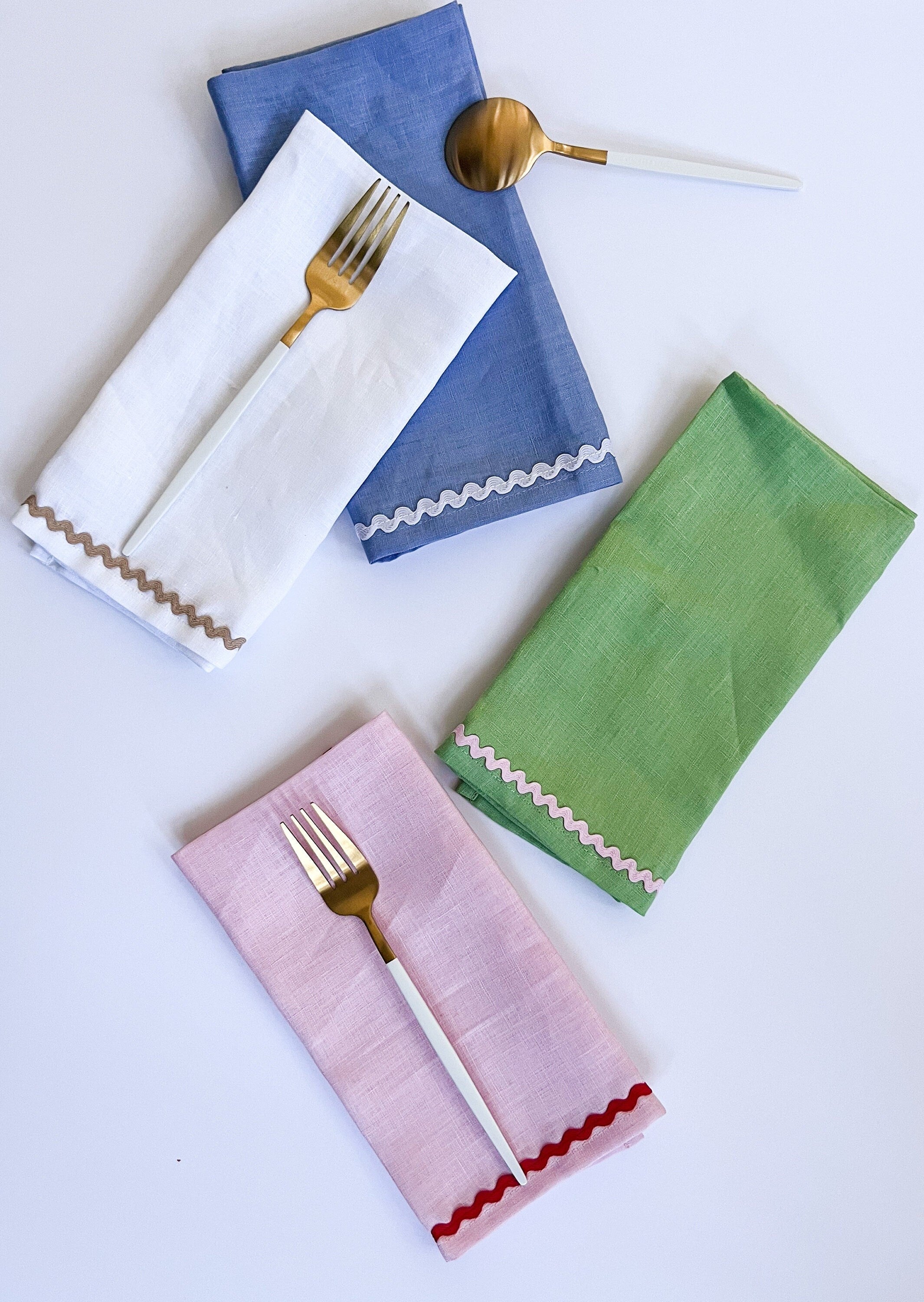 Ric Rac Embroidered Linen Dinner Napkins