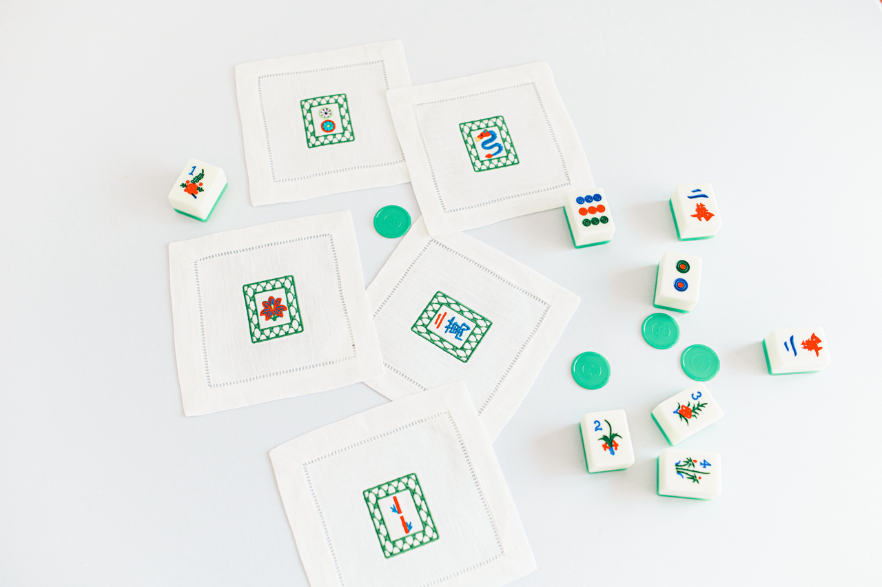 Mahjong Embroidered Linen Napkins